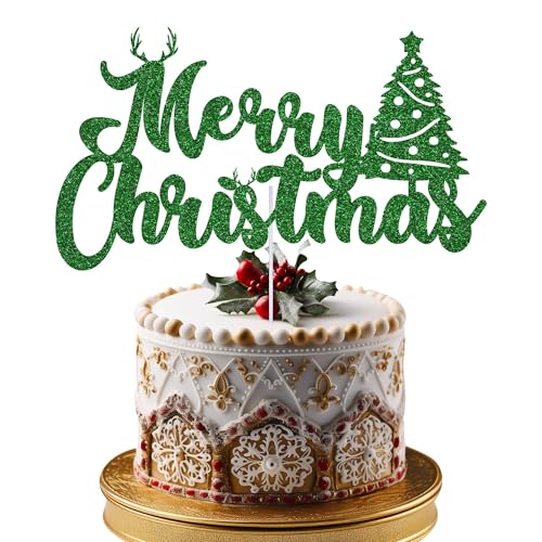 Trimming Shop Merry Christmas Cake Topper Xmas Christmas Party Cake Decorations Double Sided Glitter Dessert Picks Cake Ornament for Winter Frozen Themed Party Supplies, Green von Trimming Shop