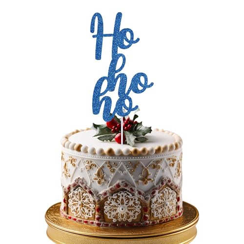 Trimming Shop Merry Christmas Cake Topper Xmas Christmas Party Ho HO HO Cake Decorations Double Sided Glitter Dessert Picks Cake Ornament for Winter Frozen Themed Party Supplies, Blue von Trimming Shop