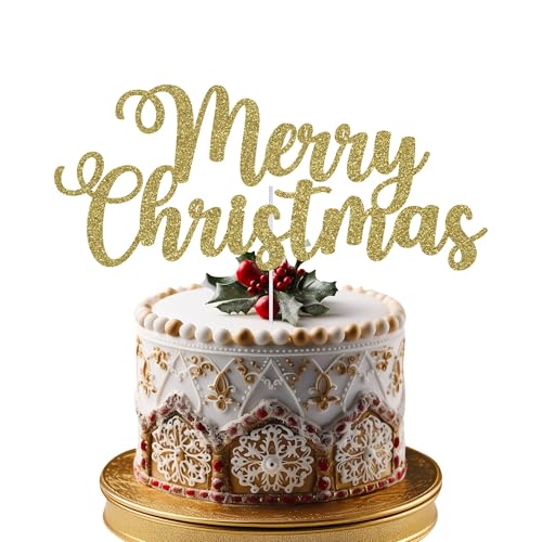 Trimming Shop Merry Christmas Cake Topper Xmas Festive Party Cake Decorations Double Sided Glitter Dessert Picks Cake Ornament for Winter Frozen Themed Party Supplies, Light Gold von Trimming Shop