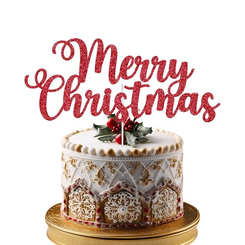 Trimming Shop Merry Christmas Cake Topper Xmas Festive Party Cake Decorations Double Sided Glitter Dessert Picks Cake Ornament for Winter Frozen Themed Party Supplies, Red von Trimming Shop