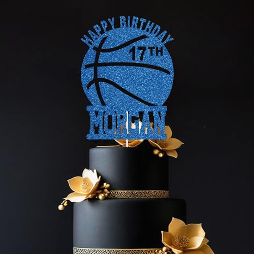 Trimming Shop Personalisierte Basketball Happy Birthday Glitter Cake Topper | Personalisiert mit jedem Namen und Alter | Basketball Geburtstagsfeiern für Jugendliche, Kinder & Erwachsene - Blau von Trimming Shop