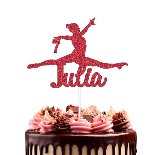 Trimming Shop Personalisierte Happy Birthday Glitter Cake Topper, Gymnastik-Mädchen-Design, personalisierbar mit jedem Namen, doppelseitige Glitzer-Kuchenspieße, Geburtstagsdekorationen für sie, Rot von Trimming Shop