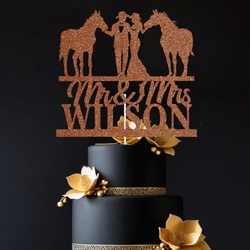 Trimming Shop Personalisierte Mr & Mrs. Reitpärchen | Lustige Hochzeitstortendekoration | Glitzer-Cupcakes Cowboy-Bräutigam & Cowgirl-Braut Party-Dekoration | Braun von Trimming Shop