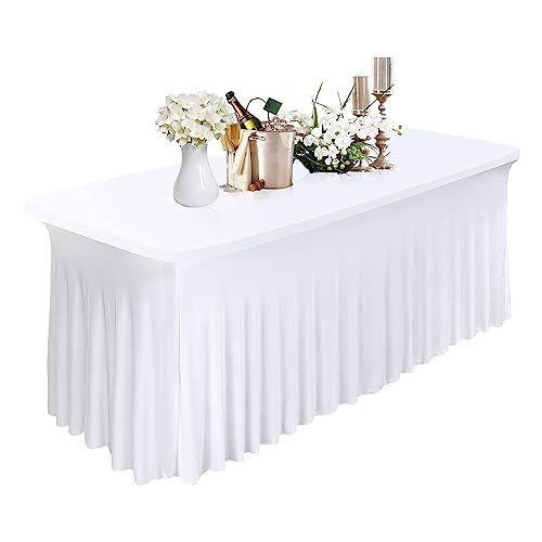 Trimming Shop Rechteckige Tischdecke im Elasthanrock-Stil, elastischer Stretch-Tischbezug für Hochzeit, Bankett, Abendessen, Kuchen und Buffettisch (weiß, 72 Zoll, 190 g/m²) von Trimming Shop