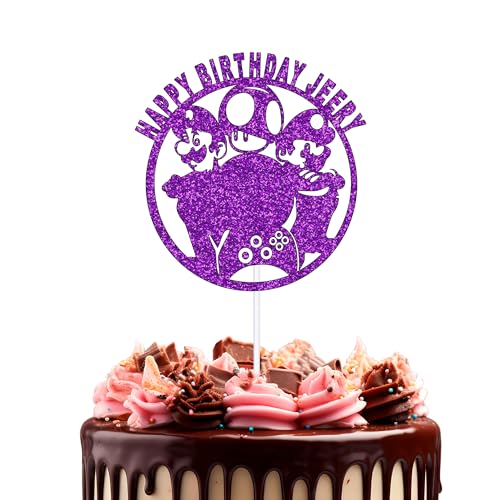 Trimming Shop Tortenaufsatz "Happy Birthday", doppelseitiger Glitzer, individuelle Farbe mit jedem Namen, Kuchenspieße für Gaming-Liebhaber, Geburtstagsparty, Partyzubehör, Kuchendekorationen, Lila von Trimming Shop