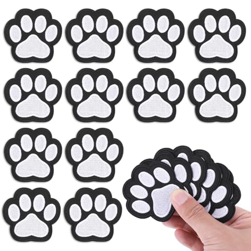 12 Stück Pfotenabdruck-Flicken selbstklebend Katze Hund Haustier Fußabdruck Patches Nähen auf Stickerei Applikation Patch Abzeichen Abzeichen Schwarz Weiß Pfotenaufkleber Patches für Kleidung Jacke von Trinkrittey