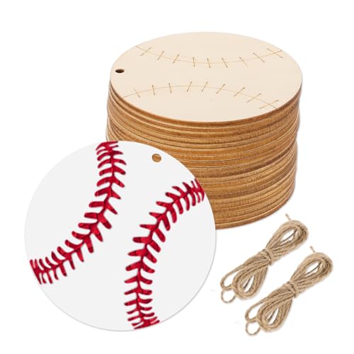 20 Stück hölzerne Baseball-förmige hängende Ornamente, Ausschnitte, Baseball-Holz, Basteln, Baseball-Form, hängende Ornamente, unlackiertes Holz, Baseball mit Schnüre für DIY-Projekte, von Trinkrittey