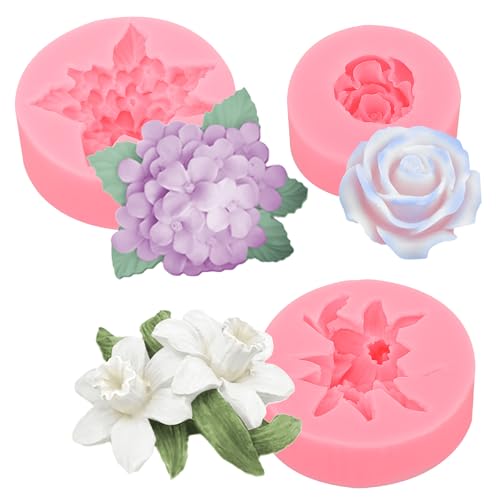 3 Stück 3D Blumen Silikonformen Rosa Fondant Silikonform Seifen Form Fliederblüten Lilienblüten Silikon Kerzenformen Harz Bastelformen für Schokolade Süßigkeiten Gebäck Dessert von Trinkrittey