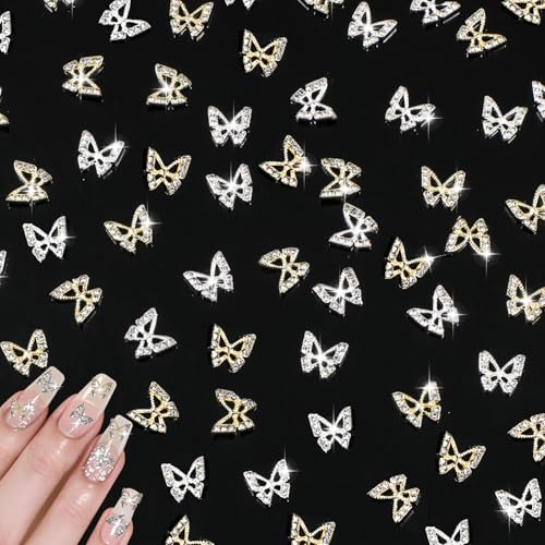 40 Stück Nail Charms Schmetterlings Strasssteine Nägel Schmetterling Nagel Charms Schmetterlings Nagel Kunst Anhänger Metall Nail Art Dekorations Nageledelsteine Nagelschmuck ​​für DIY von Trinkrittey