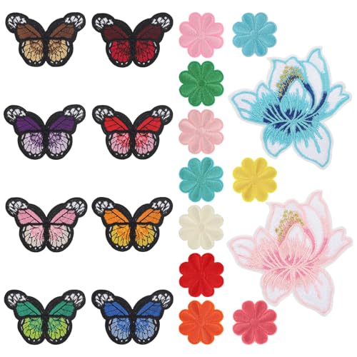 Patches zum Aufbügeln, 20 Stück Blumen und Schmetterling Bügelflicken Set Bestickte Bügelbilder Aufnäher Patches Sticker Reparatur Flicken Applikation für DIY T-Shirt Jeans Kleidung Kleider Hüte von Trinkrittey