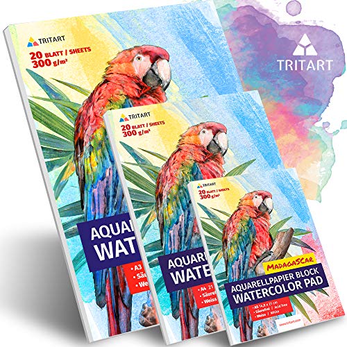 HOCHWERTIGES Aquarellpapier A4 A3 A5 Komplettset | 300g Weiß Aquarellblock Set | Jeweils 20 Blatt von Tritart von Tritart