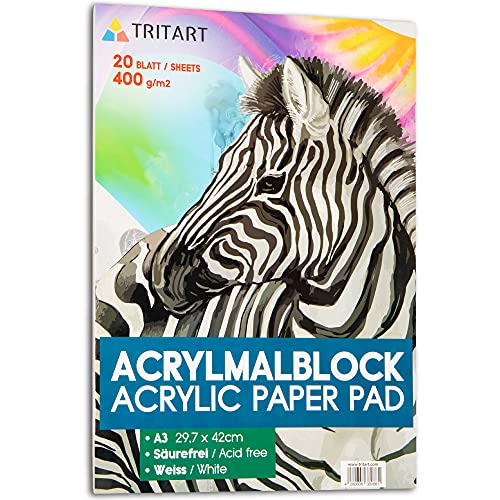 Tritart Acryl-Papier A3 400g/m2 | Malblock für Acrylfarben 20 Blatt weiß | hochwertiges Acryl Zeichenpapier säurefrei | schweres Malpapier für Acrylmalerei und Ölmalerei | kopfseitig geleimt von Tritart