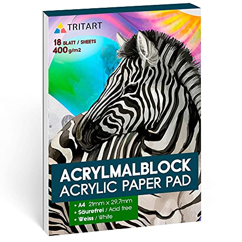 Tritart Acryl-Papier A4 400g/m² I Malblock für Acrylfarben 18 Blatt weiß I hochwertiges Acryl Zeichenpapier säurefrei I schweres Malpapier für Acrylmalerei und Ölmalerei I kopfseitig geleimt von Tritart