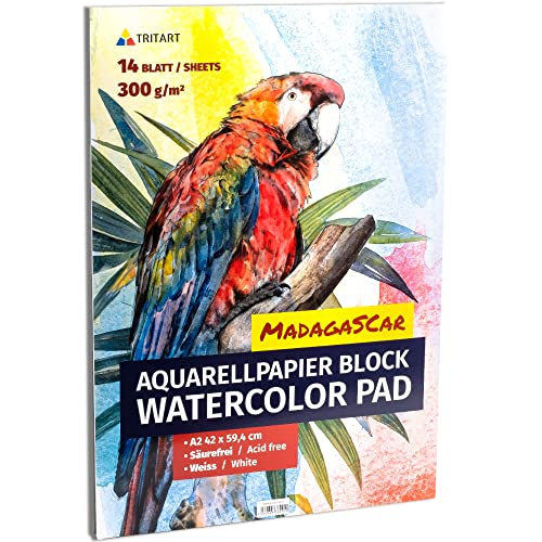 Tritart Aquarellpapier Din A2 300g/m² - Malblock A2 mit 14 Blatt - Aquarellblock zum Malen - Watercolour Paper - Aquarell Papier - Zeichenpapier A2 Block mit 14 Blätter von Tritart