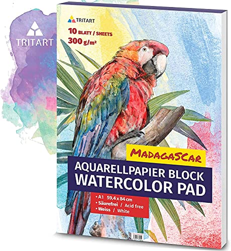 Tritart Aquarellpapier Din A1 300g/m² - Malblock A1 mit 10 Blatt - Aquarellblock zum Malen - Watercolour Paper - Aquarell Papier DIN A1 Groß - Zeichenpapier A1 mit 10 Blatt von Tritart