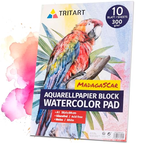 Tritart Aquarellpapier Din A1 300g/m² - Malblock A1 mit 10 Blatt - Aquarellblock zum Malen - Watercolour Paper - Aquarell Papier DIN A1 Groß - Zeichenpapier A1 mit 10 Blatt von Tritart