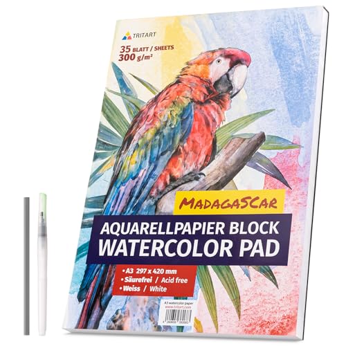 Tritart Aquarellpapier Din A3 300g/m² - Malblock A3 mit 35 Blatt - Aquarellblock zum Malen - Watercolour Paper - Aquarell Papier mit einschließlich Wassertankpinsel und Bleistift von Tritart