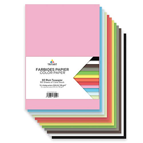 Tritart Tonpapier A3 bunt 130g/m² - 60 Blatt buntes Papier A3 zum Basteln - Bastelpapier Set - Fest und Stabil - Buntpapier - Farbiges Papier - Bastelkarton Pappe von Tritart