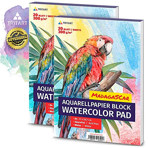 Tritart HOCHWERTIGES Aquarellpapier 300g / Din A4 / Weiß / 20 Blatt | Aquarellblock 2 Mal SPARANGEBOT von Tritart