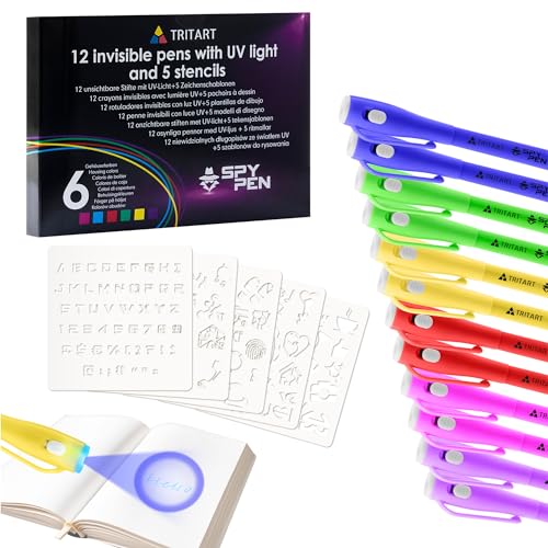 Tritart Zauberstifte 22er Set mit 13 Zauberstiften + 6 Schablonen + 3 Malpapiere - Spicker Stift für Kinder UV Licht Lampe - Schwarzlicht Geheimstift für Geburtstage von Tritart