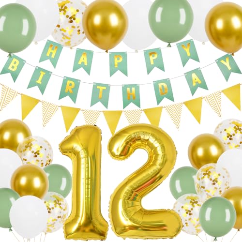 12 Geburtstag Junge Mädchen, 12.Geburtstag Banner Grünes Gold mit Gold Dreieck Flagge Bunting Banner, 24 Pcs 12 in Happy Birthday Ballons für 12 Mädchen und Jungen Geburtstagsfeier Deko von Trivunpis