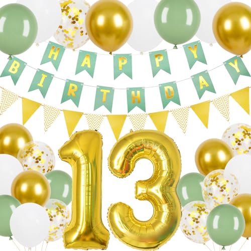 13 Geburtstag Junge Mädchen, 13.Geburtstag Banner Grünes Gold mit Gold Dreieck Flagge Bunting Banner, 24 Pcs 12 in Happy Birthday Ballons für 13 Mädchen und Jungen Geburtstagsfeier Deko von Trivunpis