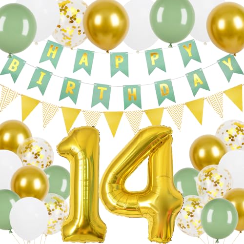 14 Geburtstag Junge Mädchen, 14.Geburtstag Banner Grünes Gold mit Gold Dreieck Flagge Bunting Banner, 24 Pcs 12 in Happy Birthday Ballons für 14 Mädchen und Jungen Geburtstagsfeier Deko von Trivunpis