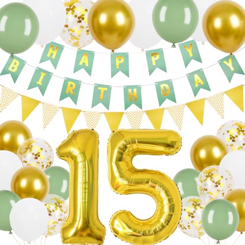 15 Geburtstag Junge Mädchen, 15.Geburtstag Banner Grünes Gold mit Gold Dreieck Flagge Bunting Banner, 24 Pcs 12 in Happy Birthday Ballons für 15 Mädchen und Jungen Geburtstagsfeier Deko von Trivunpis