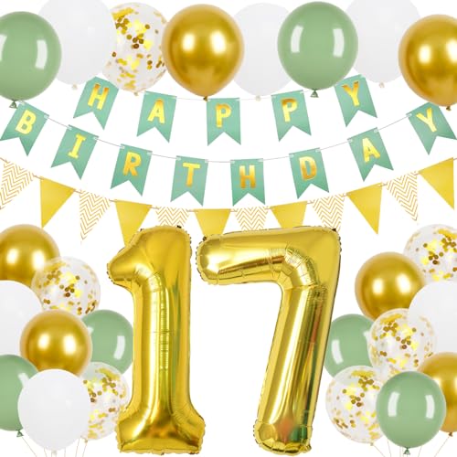 17 Geburtstag Junge Mädchen, 17.Geburtstag Banner Grünes Gold mit Gold Dreieck Flagge Bunting Banner, 24 Pcs 12 in Happy Birthday Ballons für 17 Mädchen und Jungen Geburtstagsfeier Deko von Trivunpis