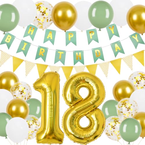 18 Geburtstag Junge Mädchen, 18.Geburtstag Banner Grünes Gold mit Gold Dreieck Flagge Bunting Banner, 24 Pcs 12 in Happy Birthday Ballons für 18 Mädchen und Jungen Geburtstagsfeier Deko von Trivunpis