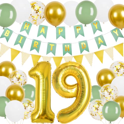 19 Geburtstag Junge Mädchen, 19.Geburtstag Banner Grünes Gold mit Gold Dreieck Flagge Bunting Banner, 24 Pcs 12 in Happy Birthday Ballons für 19 Mädchen und Jungen Geburtstagsfeier Deko von Trivunpis