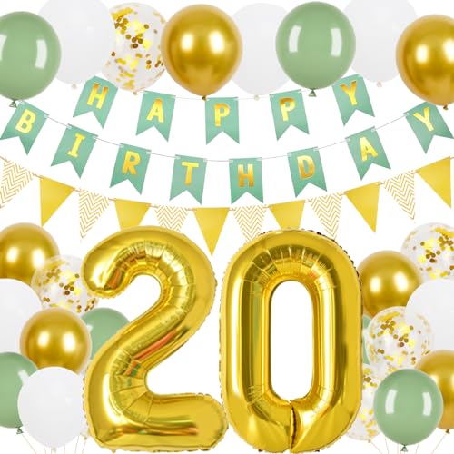 20 Geburtstag Deko, 20.Geburtstag Banner Grünes Gold mit Gold Dreieck Flagge Bunting Banner, 24 Pcs 12 in Happy Birthday Ballons Für 20 frau und Mann Geburtstagsfeier Deko von Trivunpis