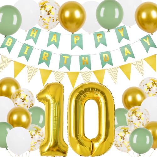 Geburtstagsdeko 10 Junge Mädchen, 10.Geburtstag Banner Grünes Gold mit Gold Dreieck Flagge Bunting Banner, 24 Pcs 12 in Happy Birthday Ballons für 10 Mädchen und Jungen Geburtstagsfeier Deko von Trivunpis