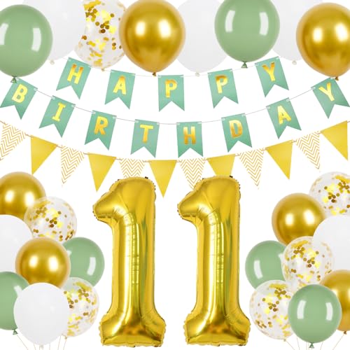 Geburtstagsdeko 11 Jahre Mädchen, 11.Geburtstag Banner Grünes Gold mit Gold Dreieck Flagge Bunting Banner, 24 Pcs 12 in Happy Birthday Ballons für 11 Mädchen und Jungen Geburtstagsfeier Deko von Trivunpis