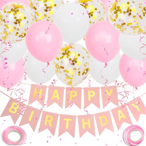 Happy Birthday Banner, Rosa Geburtstagsdeko, 16 Stück 12 Zoll Happy Birthday Luftballons mit 2 Bändern für Mädchen und Frauen Geburtstag Party Dekoration von Trivunpis