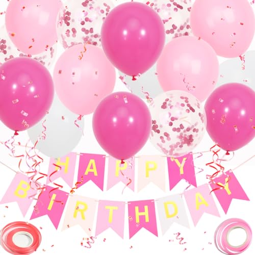 Geburtstagsdeko, Birthday Decorations, Happy Birthday Girlande, Happy Birthday Deko, 16-pcs 12-inch Happy Birthday Ballon mit 2-Bändern für Mädchen und Frauen Geburtstag Deko（Rosa） von Trivunpis