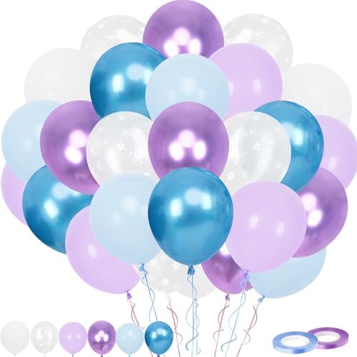 Luftballons Blau Lila, 60 Stück Blau Lila Ballons, 12 Zoll Macaron Blau Lila Metallisc Blau Lila Schneeflocken Latexballons mit Band für Mädchen Babyparty Hochzeit Geburtstag Brautparty Deko von Trivunpis