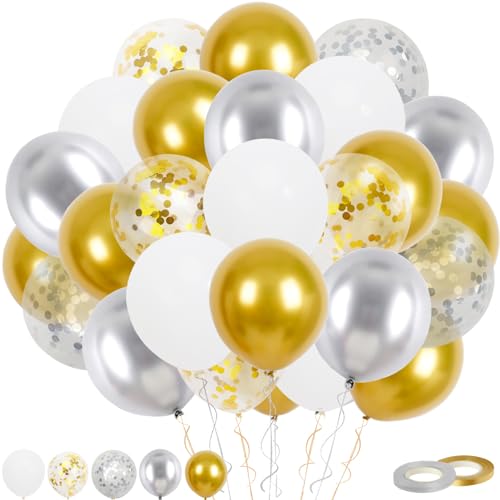 Luftballons Gold Silber, 60 Stück Gold Silber Ballons, 12 Zoll Metallic Gold Silber Konfetti Ballons und Weiße Latex Luftballons mit Band für Geburtstag Hochzeit Kinder Baby Shower Party Dekoratione von Trivunpis