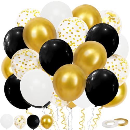 Luftballons Schwarz Gold, 60 Stück Schwarz Gold Ballons, 12 Zoll Metallic Gold Konfetti Ballons und Schwarz Latex Luftballons mit Band für Geburtstag Hochzeit Kinder Baby Shower Party Dekoratione von Trivunpis