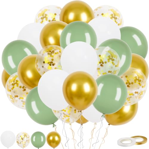 Luftballons Grün Gold, 60 Stück Grün Gold Ballons, 12 Zoll Salbei Grün Metallic Gold Konfetti Ballons und Weiße Latex Luftballons mit Band für Geburtstag Hochzeit Kinder Baby Shower Party Dekoratione von Trivunpis