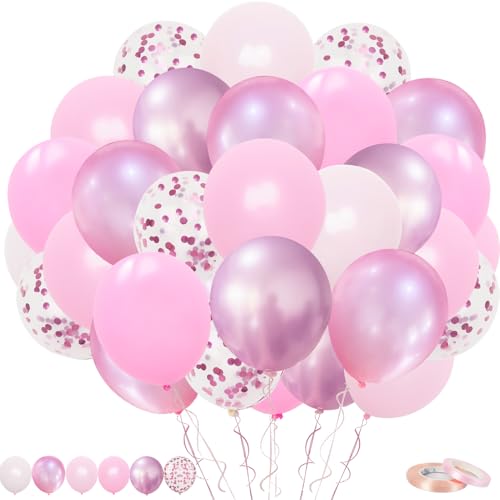 Luftballons Rosa, 60 Stück Rosa Ballons, 12 Zoll Macaron Rosa Pastell Metallisc Rosa Konfetti Ballons mit Band für Mädchen Babyparty Hochzeit Geburtstag Brautparty Deko von Trivunpis