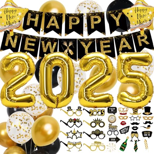 Silvester Deko 2025 Dekoration Set Neujahr Silvesterdeko, Happy New Year Banner, Gold Zahlen 2025 New Year Ballons, New Year Foto Requisiten und Happy New Year Gläser von Trivunpis