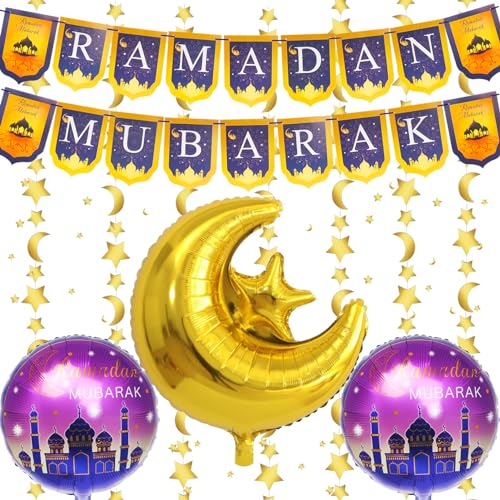 Ramadan Deko Set, Ramadan Mubarak Banner mit Aluminium Film Ballons und Moon Star Papierschnur, Eid Mubarak Dekoration für Party Supplies von Trivunpis