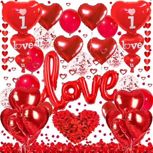 Valentinstag Luftballons Deko Set, I LOVE YOU Ballons und Herz Ballons mit dunkelroten Blütenblättern Rote Herzen Anhänger Girlande und rote Ballons für Valentinstag Party Hochzeit Verlobungsdekor von Trivunpis