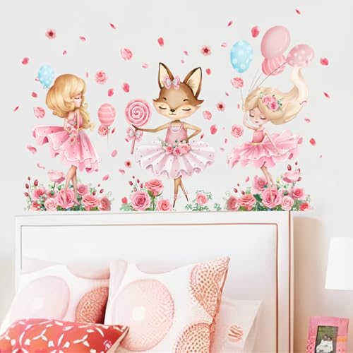 Wandtattoo Kinderzimmer Fuchs Mädchen Rose Wandtattoos Rosa Ballon Wandklehaufkleber für DIY Baby Kindergarten Mädchen Schlafzimmer Kleinkindzimmer Wanddekoration von Trlyane