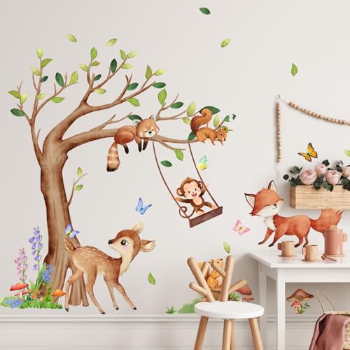 Wandtattoo Kinderzimmer Wandsticker Affen Dschungel Tiere Baum Wandaufkleber Hirsch Fuchs Affe Waschbär Eichhörnchen Wandsticker Kinderzimmer Babyzimmer Schlafzimmer Wanddeko Wohnzimmer Dekoration von Trlyane