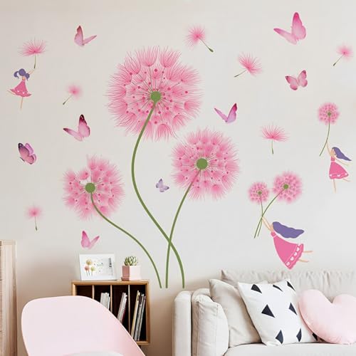 Wandtattoo Löwenzahn,Rosa Wandsticker für Kinderzimmer Mädchen,Wandtattoo Wohnzimmer,Schmetterling Pflanzen Blumen Wandaufkleber für Babyzimmer Wohnzimmer Wanddeko von Trlyane