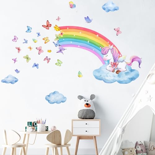 Wandtattoo Regenbogen Wandaufkleber Einhorn Wandtattoo Kinderzimmer Mädchen Schmetterling Wandsticker Wanddeko für Mädchen Kinderzimmer Schlafzimmer Wohnzimmer von Trlyane