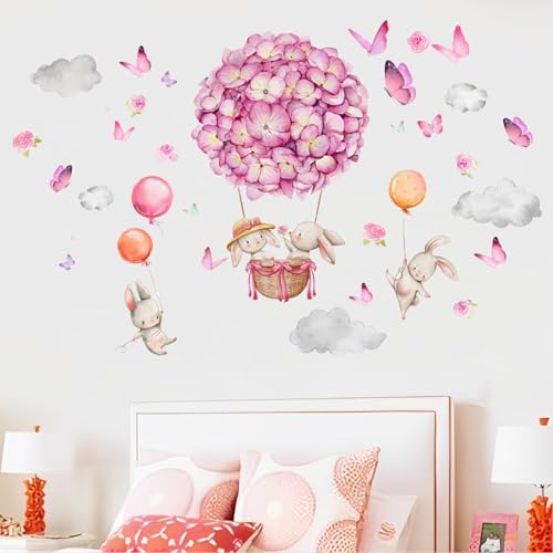 trlyane Wandtattoo Heißluftballon Rosa Wandaufkleber Tiere Ballon Blumen Kaninchen Schmetterling Wandsticker Babyzimmer Kinderzimmer Schlafzimmer Wanddeko von Trlyane