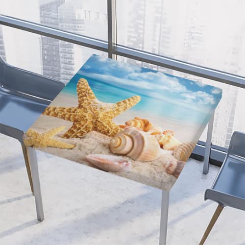 Quadratische Tischdecke Meer Ozean Strand Seestern Muschel Fitted Tischdecke mit elastischem Rand Wasserdicht Polyester Fitted Tischdecke für Indoor Outdoor Party Patio Dekor, 86,4 x 86,4 cm von TropicalLife